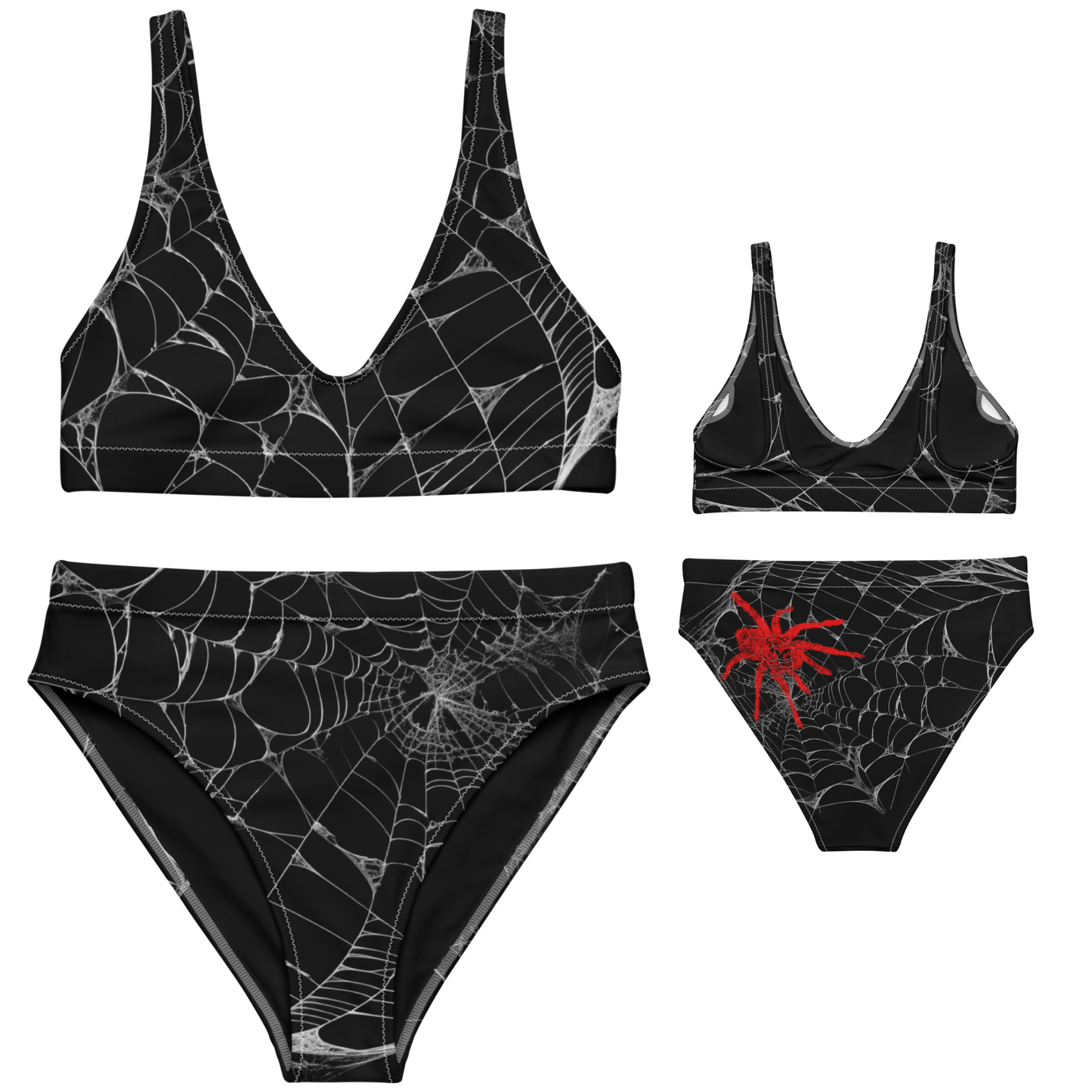 Black spider web bikini set with red spider design on a white background