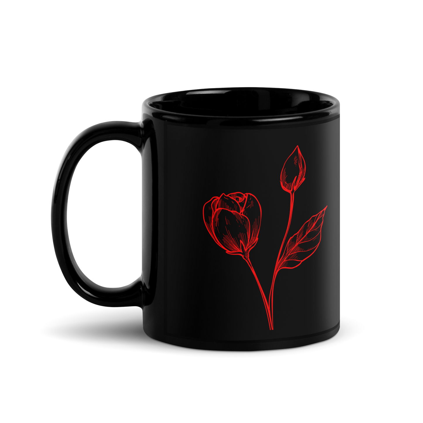 Black mug with red rose design on a white background