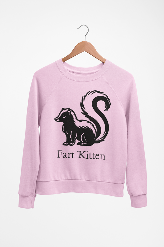 Pink sweatshirt with black skunk graphic and 'Fart Kitten' text on a white background