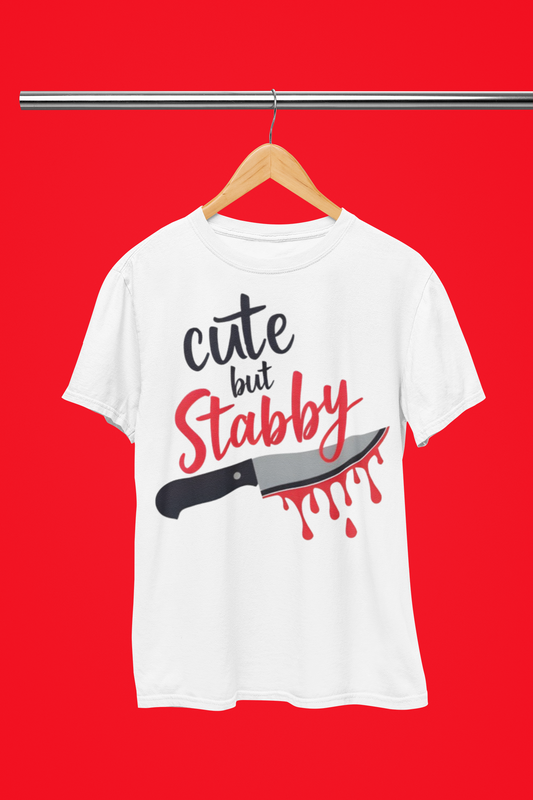 White t-shirt with 'cute but Stabby' design featuring a knife on a red background