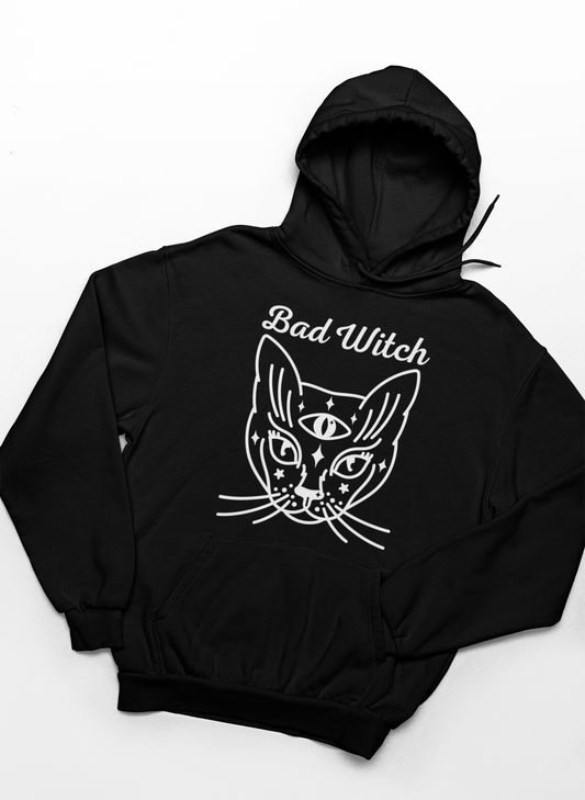 Black hoodie with a cat graphic and 'Bad Witch' text on a white background