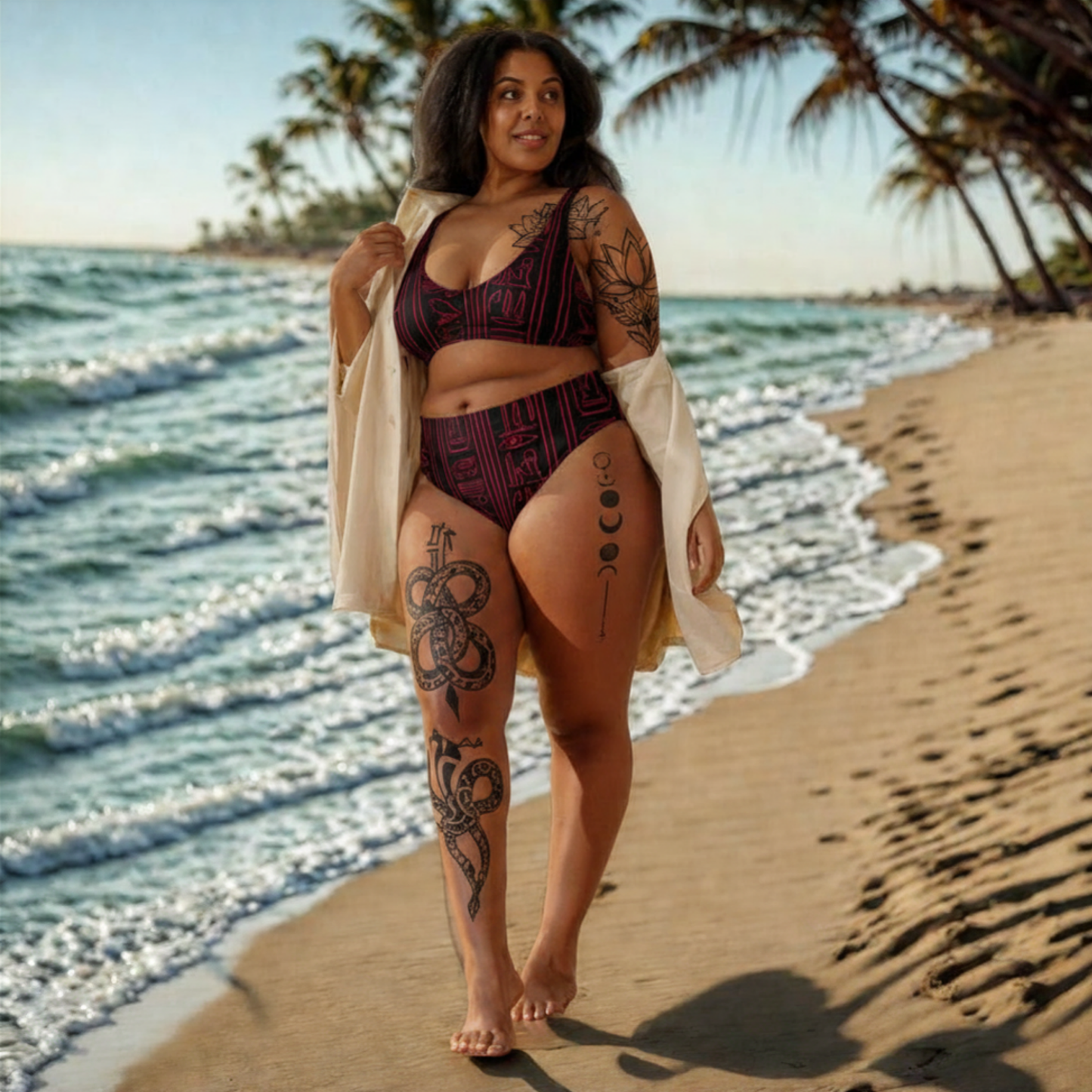 Woman in a bikini standing on a beach with palm trees in the background
