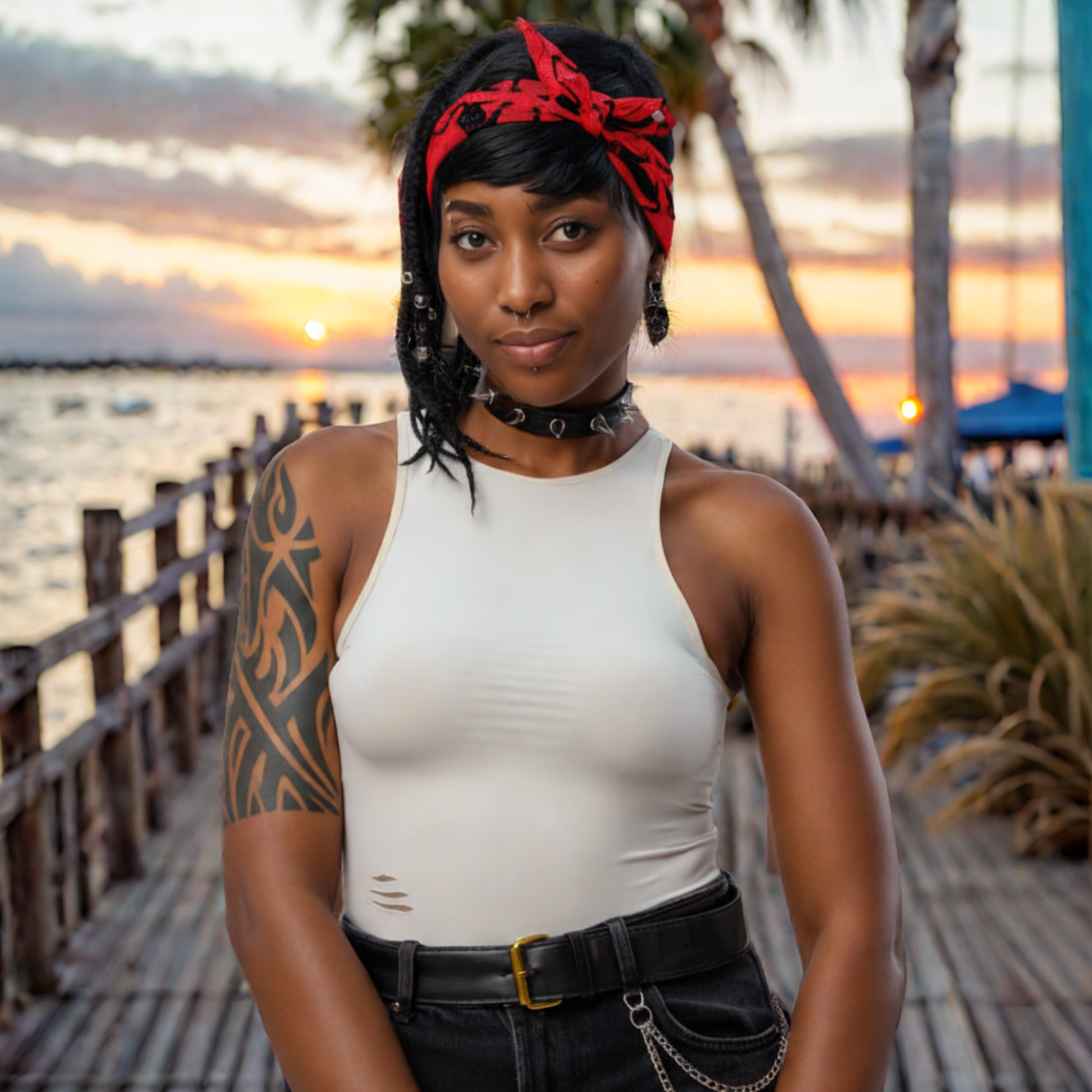 Woman with a red headband and tattoos standing on a dock at sunset.