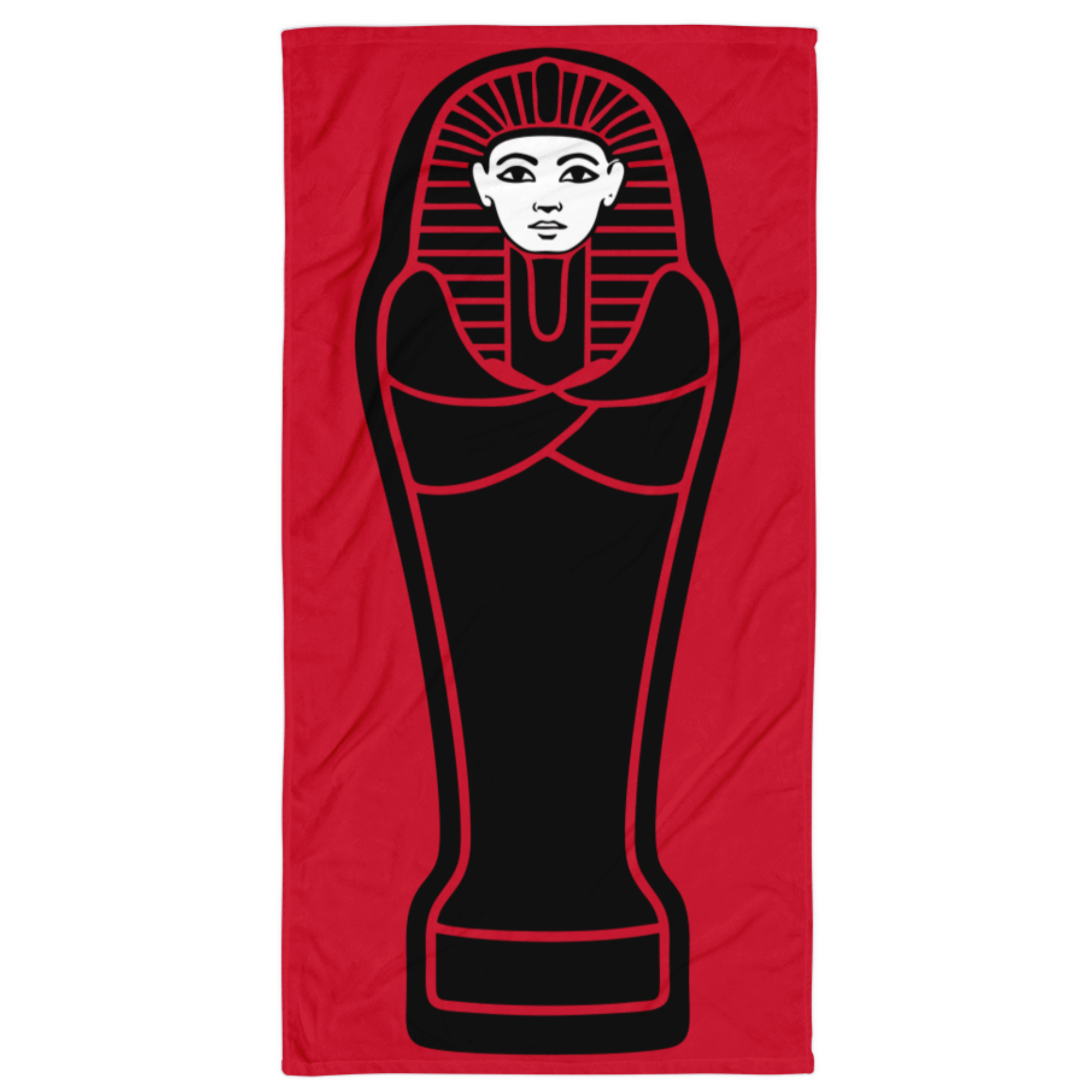 Red towel with black sarcophagus design on a white background