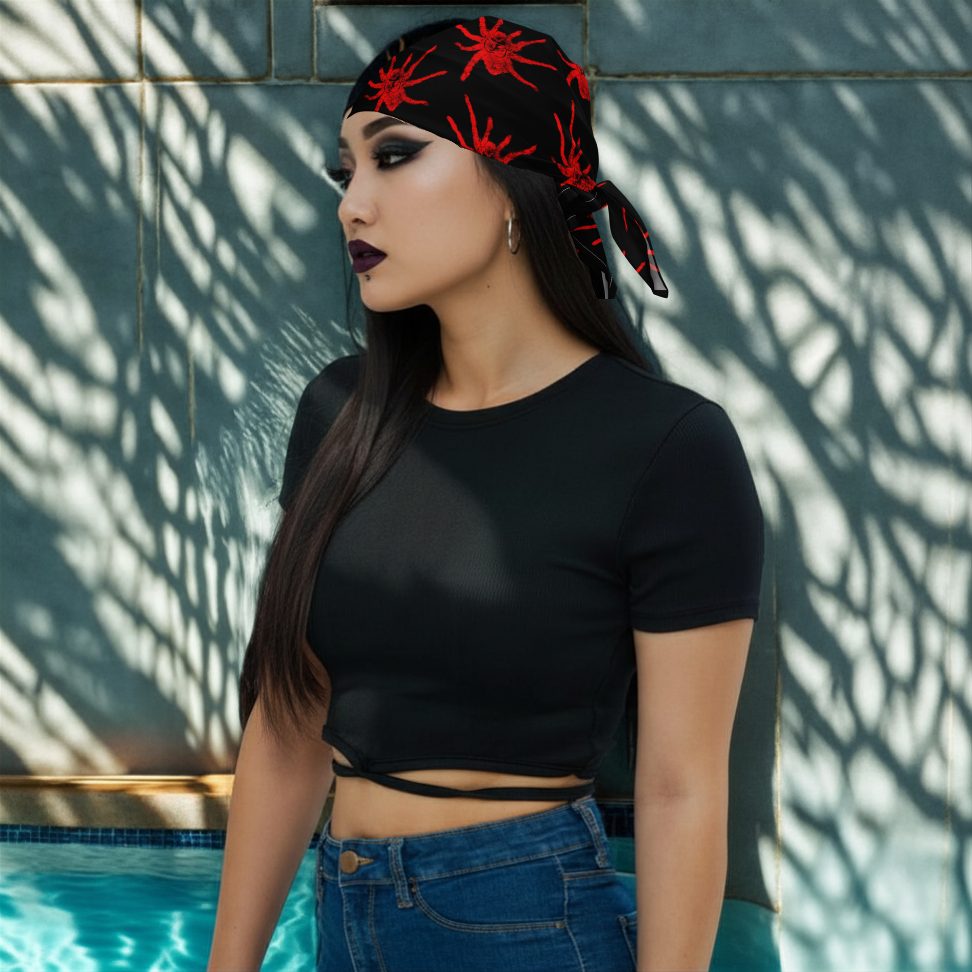Woman wearing a black headscarf with red patterns by a poolside.
