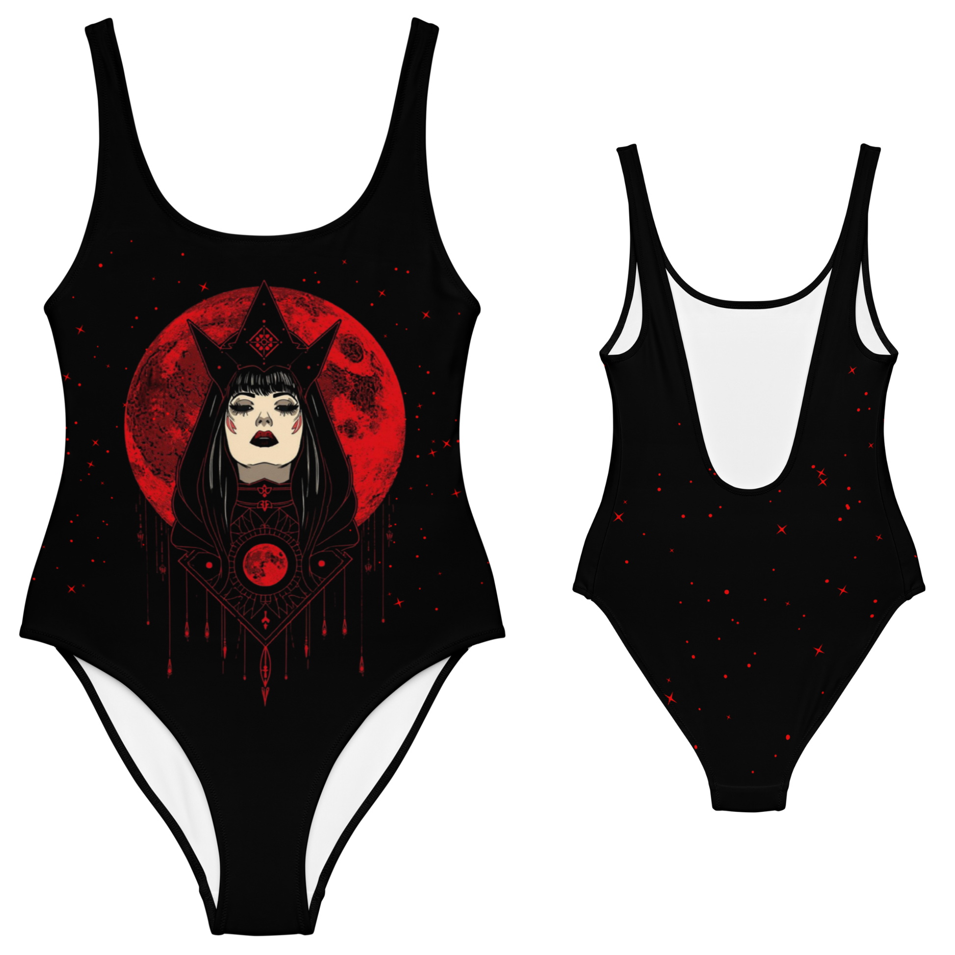 Black swimsuit with red graphic design on a white background