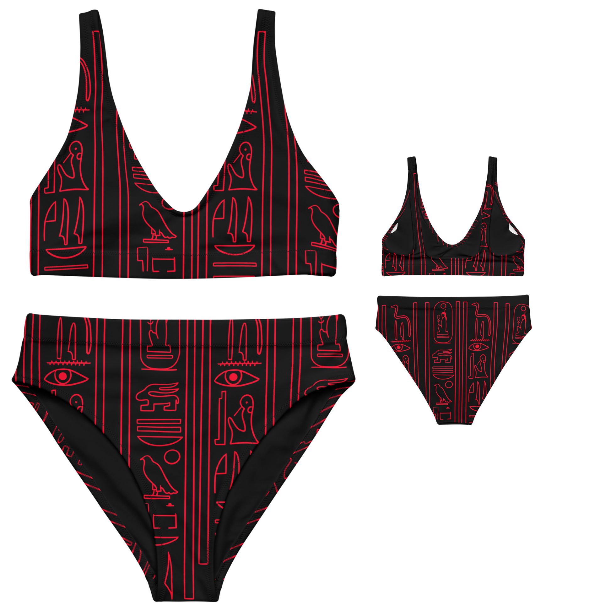 red heiroglyphic pattern on a black bikini on a white background