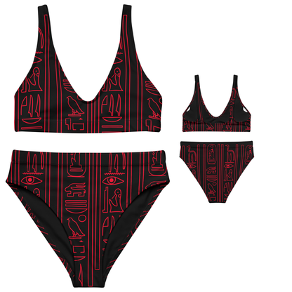 red heiroglyphic pattern on a black bikini on a white background
