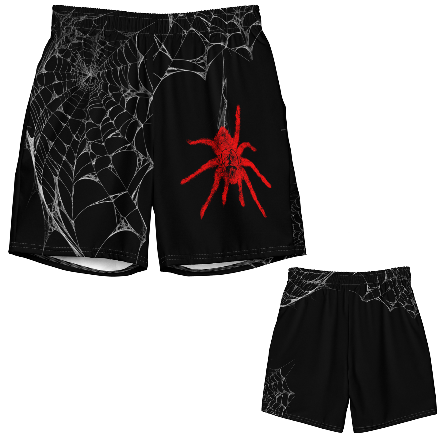 Black shorts with spider web design and red spider on a white background