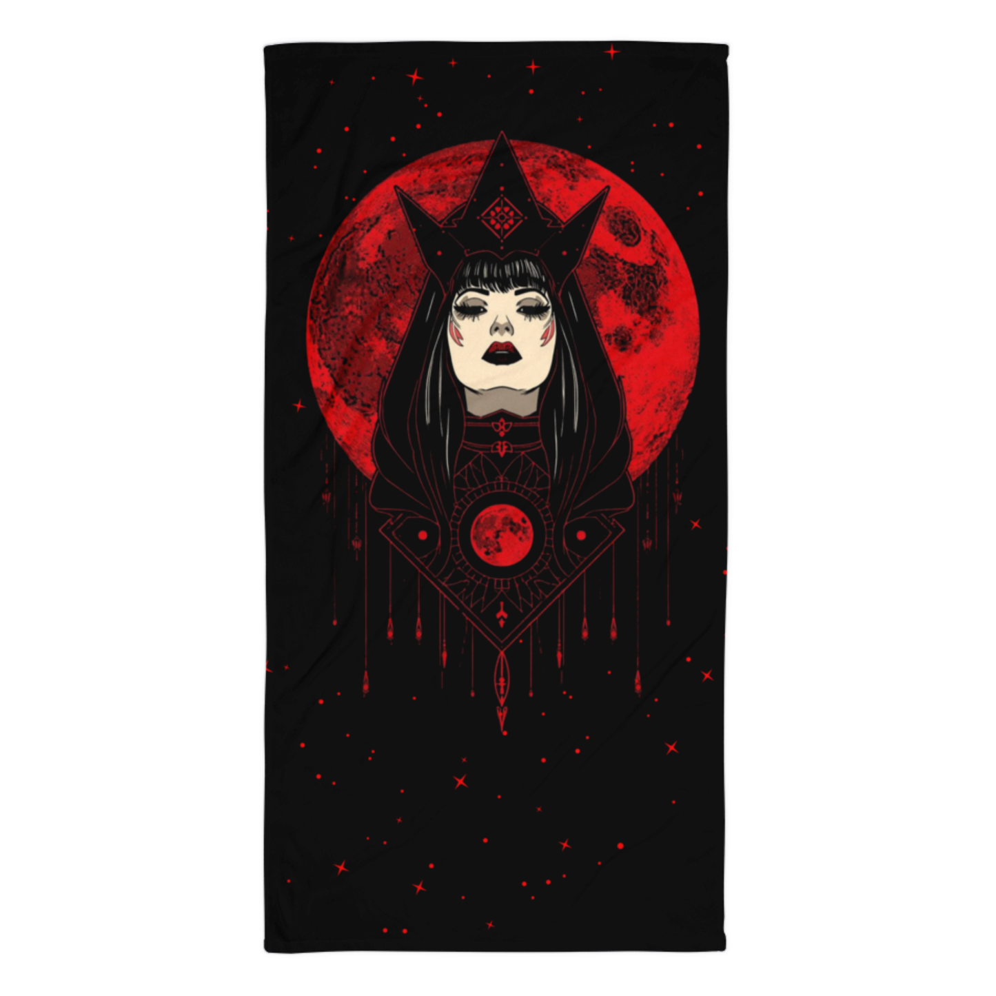 Towel with a red and black design featuring a face and moon on a black background