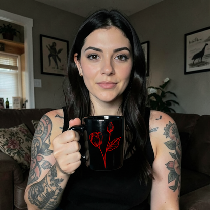 Woman holding a black mug with a red rose design in a living room.