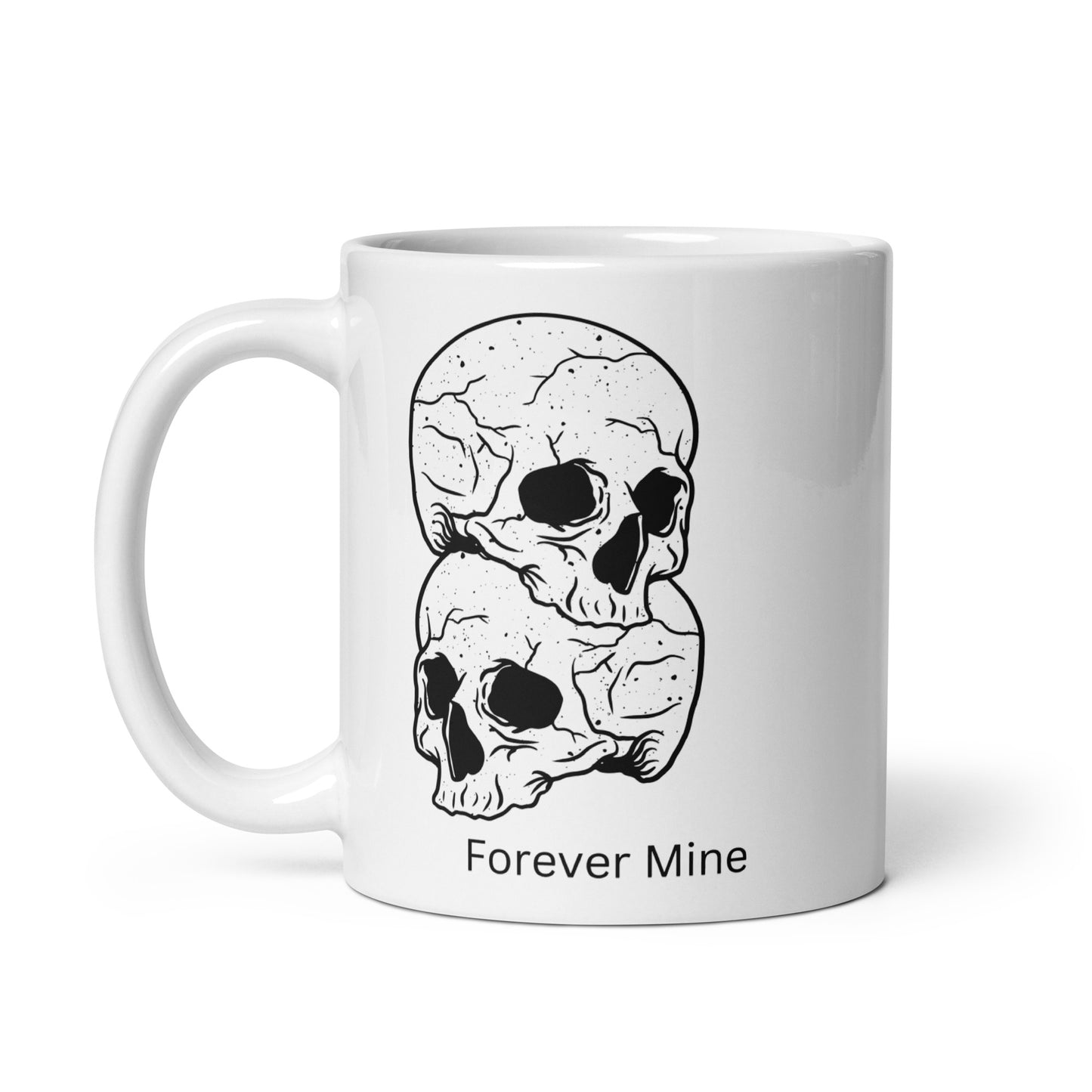 white mug, with two skeletons stacked ontop of each other and the text says forever mine on a what background
