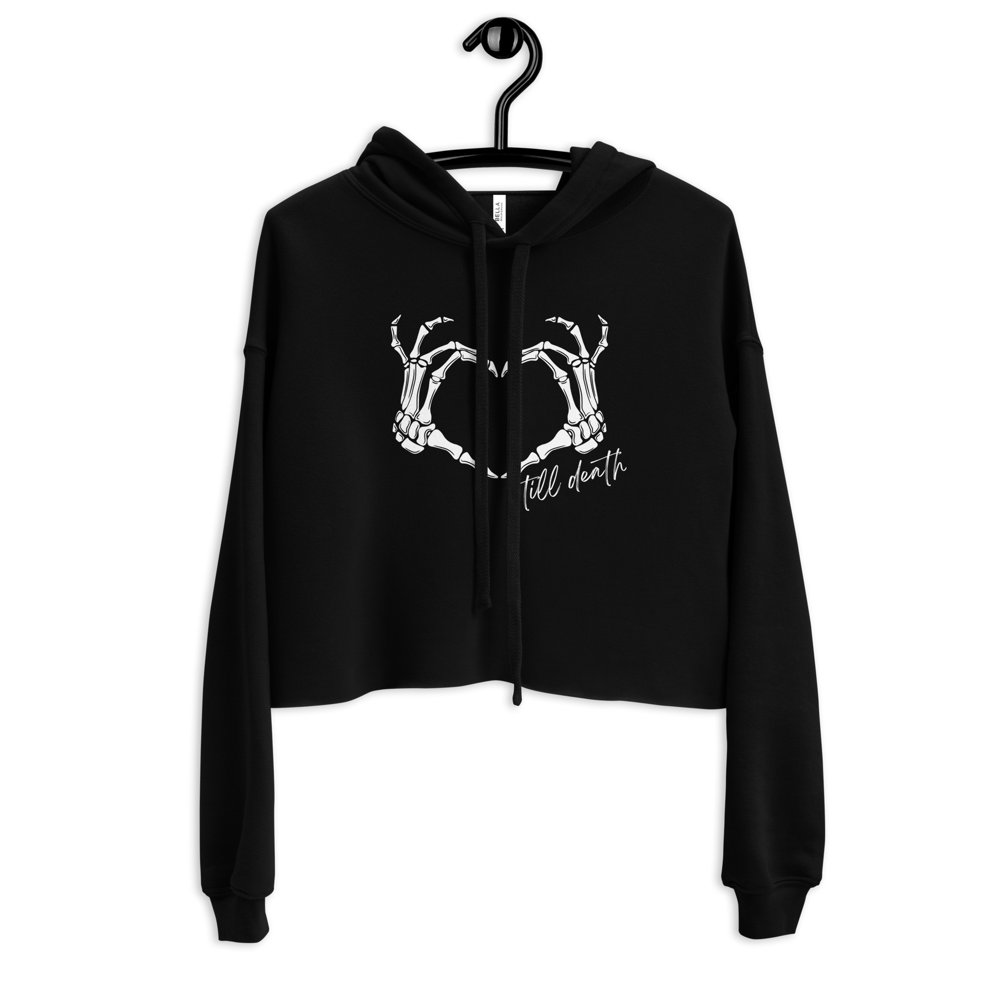 Black hoodie with skeleton hands in a heart formation then says till death design on a hanger against a white background